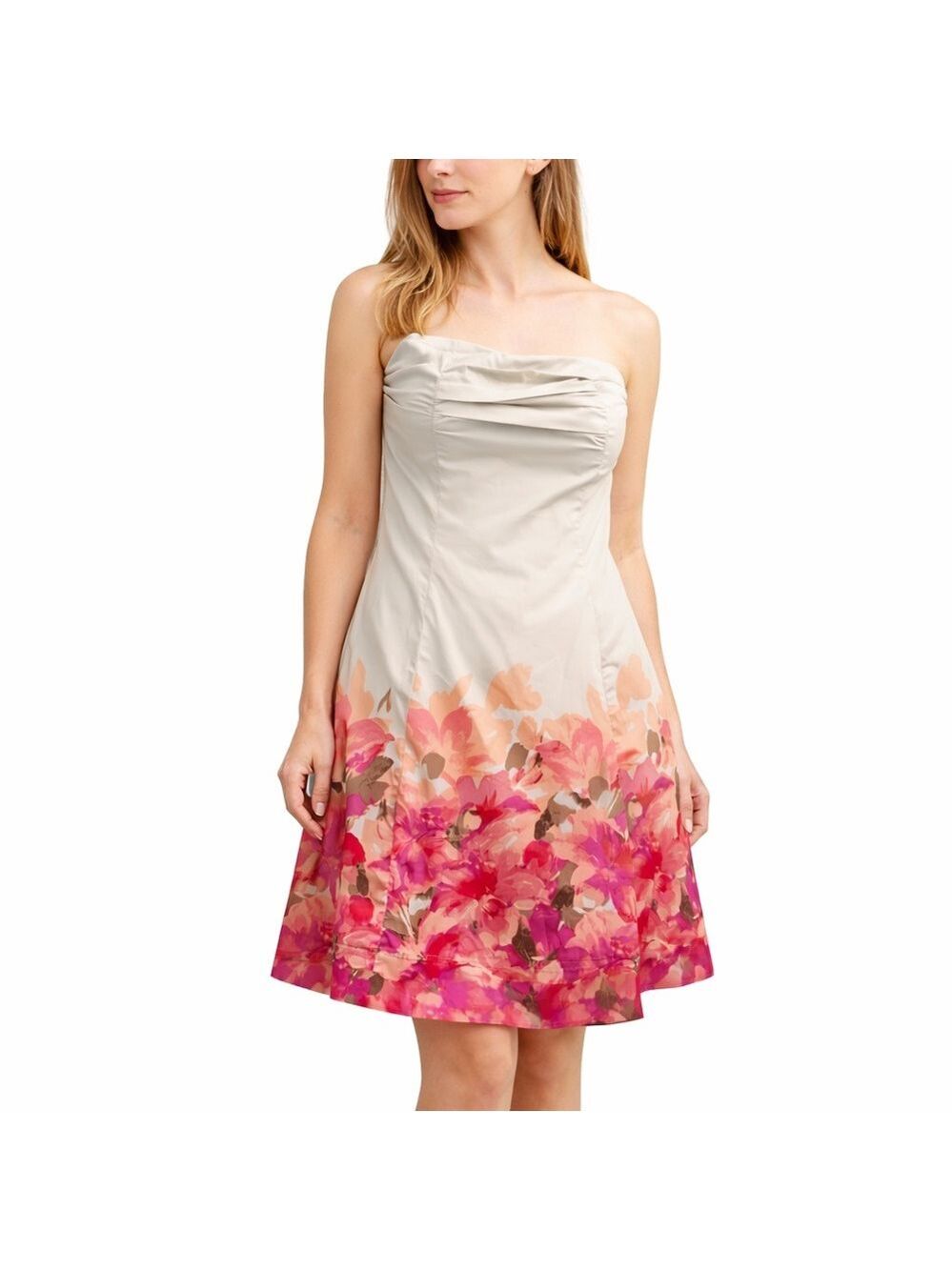 Stunning beige RW & Co. strapless dress cotton floral natural beauty neutral 12